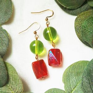 Green Glass & Fuchsia Czech Glass Rectangle Earrings, 24k Gold Plated Stainless